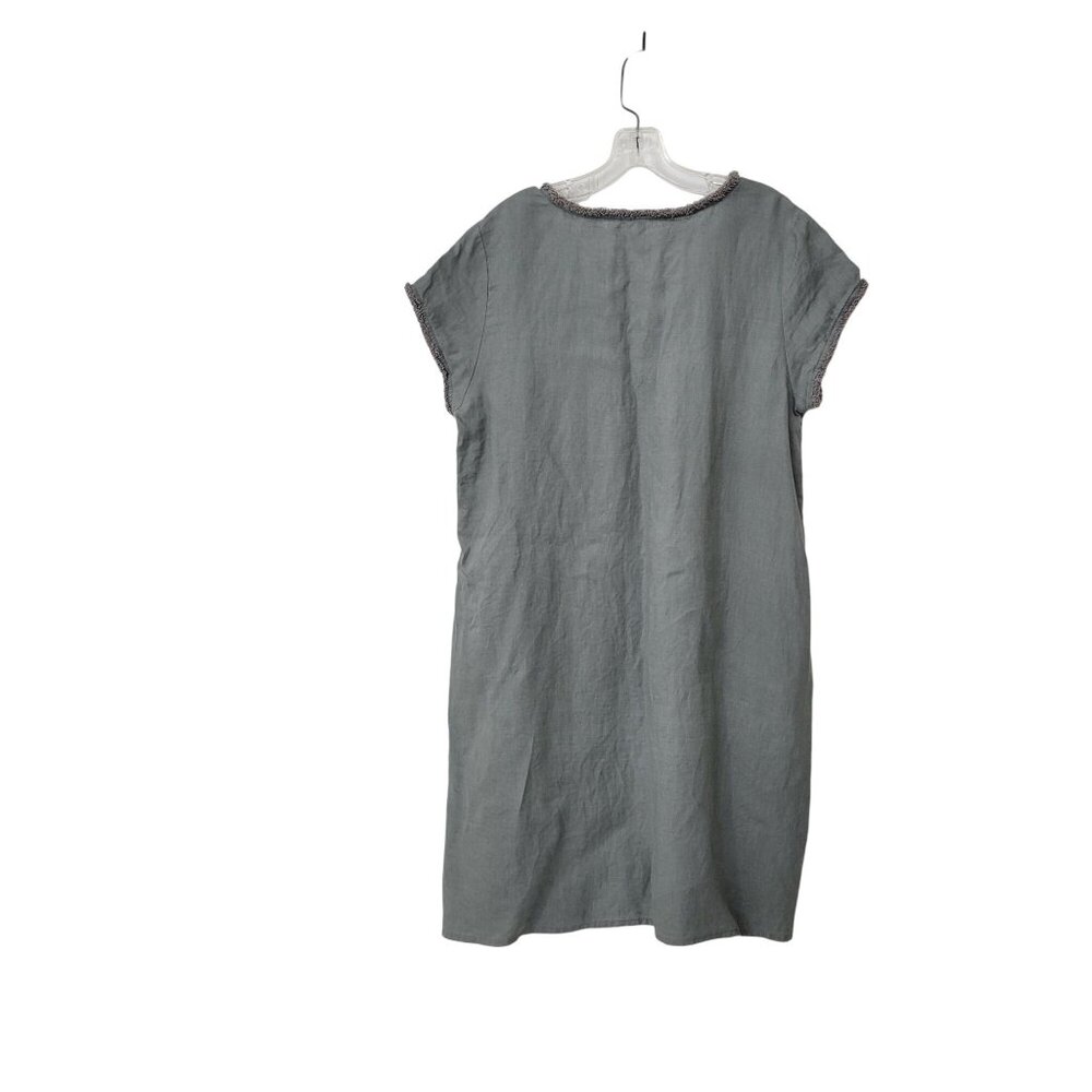Foil 100% Linen Olive Green Knee Length Dress With Fringe Trim Women's Size 10 - Picture 4 of 6